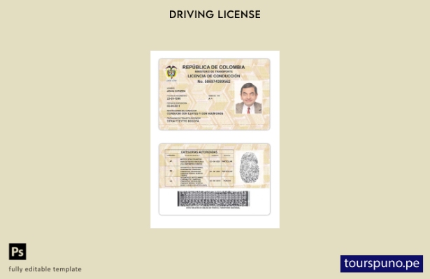 Plantilla de versión de licencia de conducir de Colombia lista para imprimir